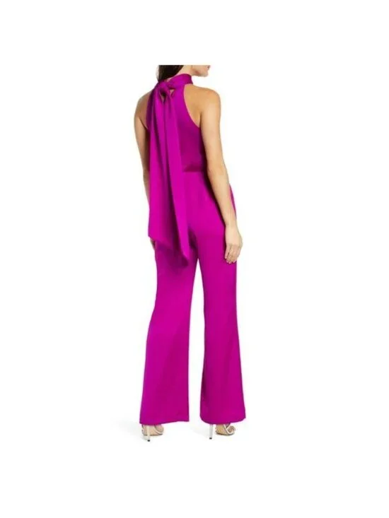 HARLYN Tie Back High Neck Satin Jumpsuit Size S Magenta Event Cocktail Wedding - Picture 4 of 11